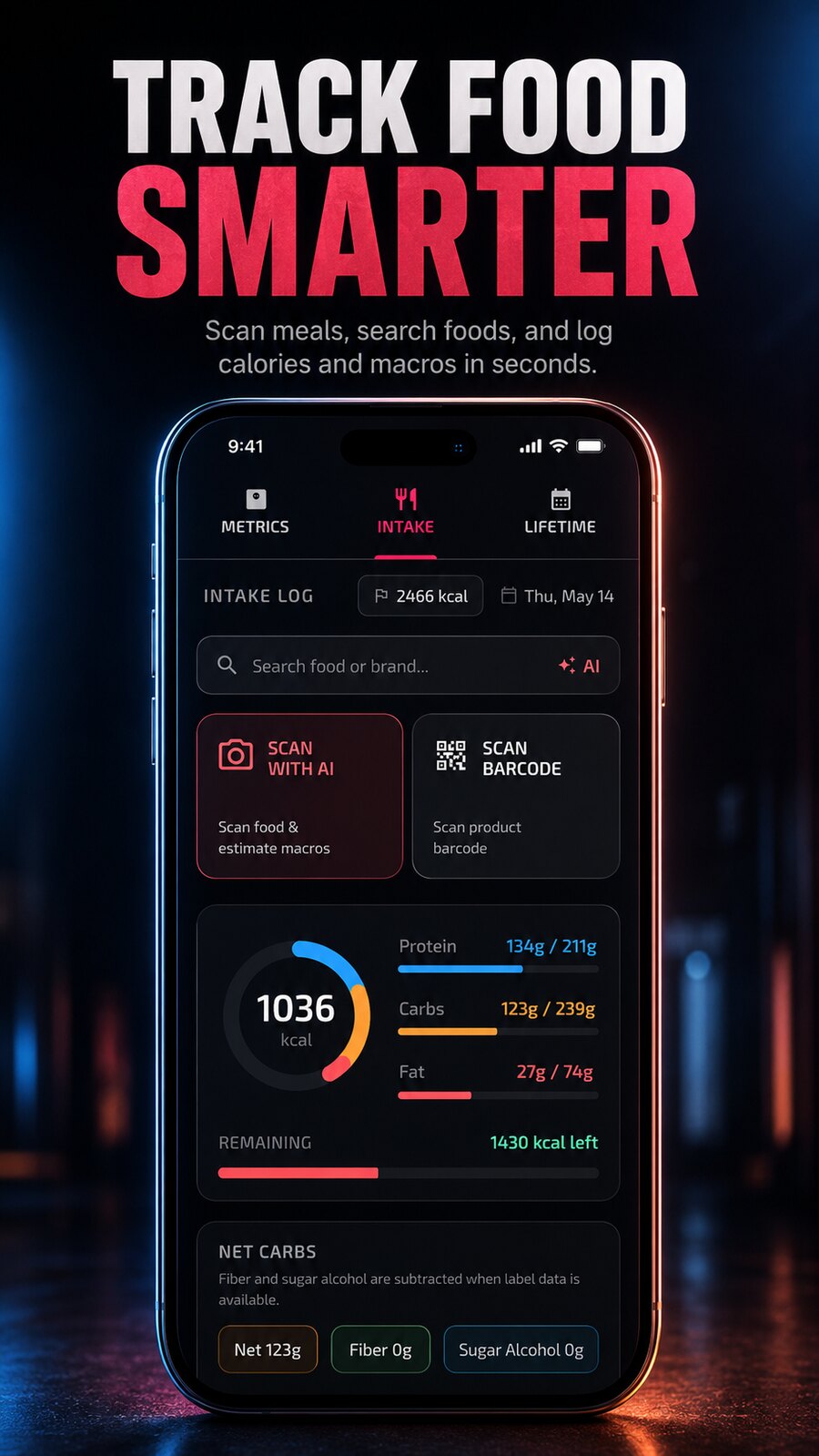 Pyre Fitness food tracking screen — scan meals with AI or barcode and see calories, protein, carbs, fat and net carbs against daily targets.