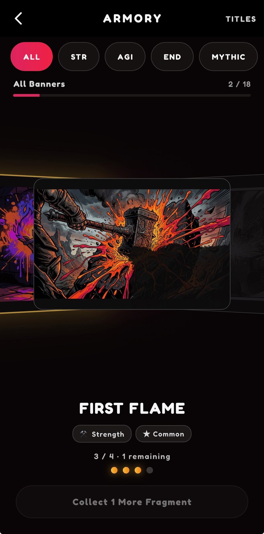 Pyre Fitness Armory screen showing the First Flame banner being assembled from collected fragments.