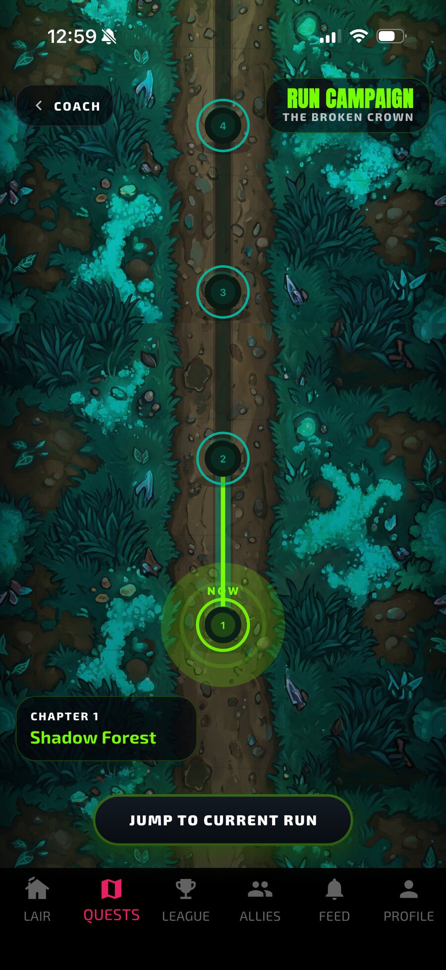 Pyre Fitness Run Campaign map with mission nodes along a forest trail.