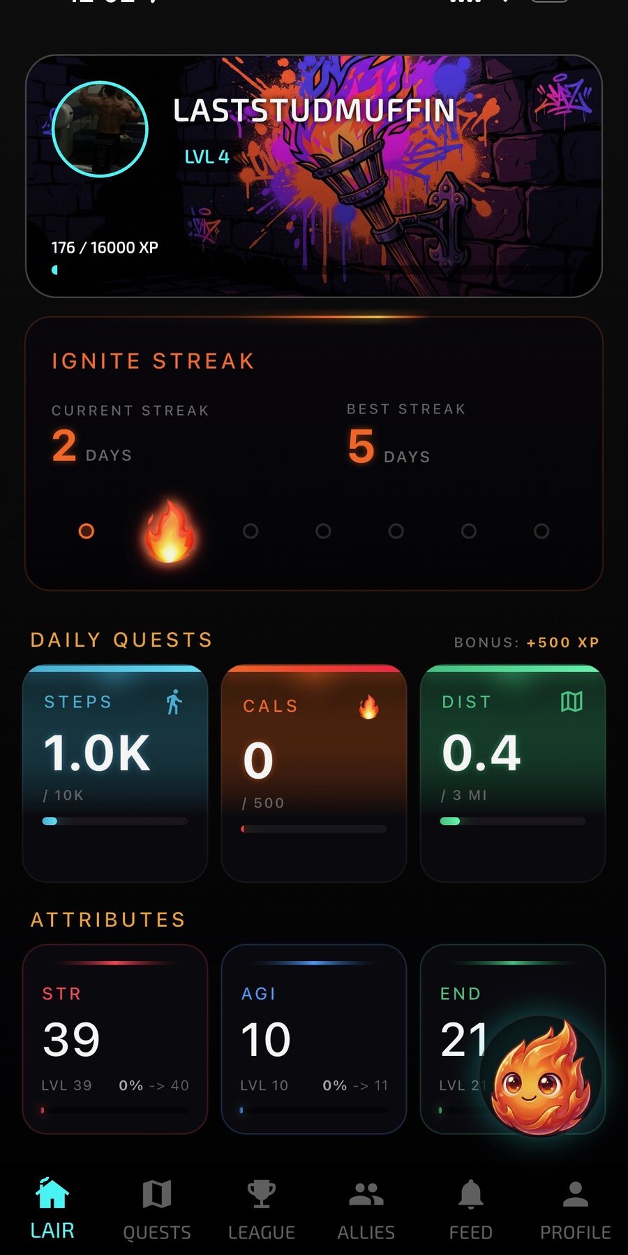 Pyre Fitness Lair home screen showing level, XP, the Ignite streak flame and STR, AGI and END attribute stats.