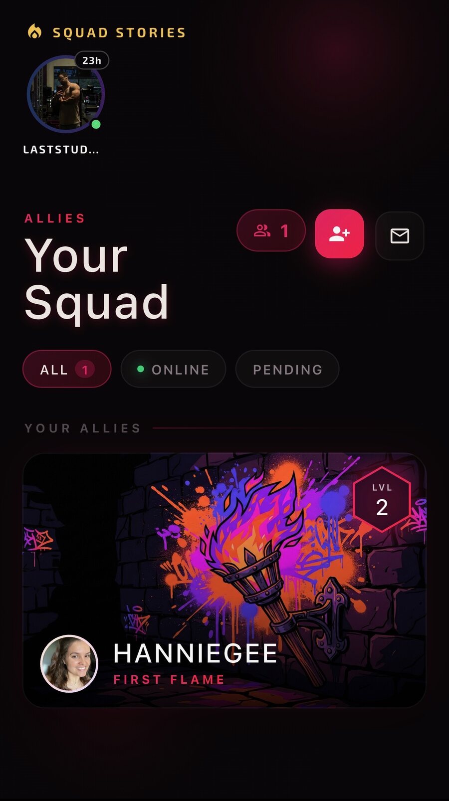 Pyre Fitness Your Squad screen with squad stories and an ally card.