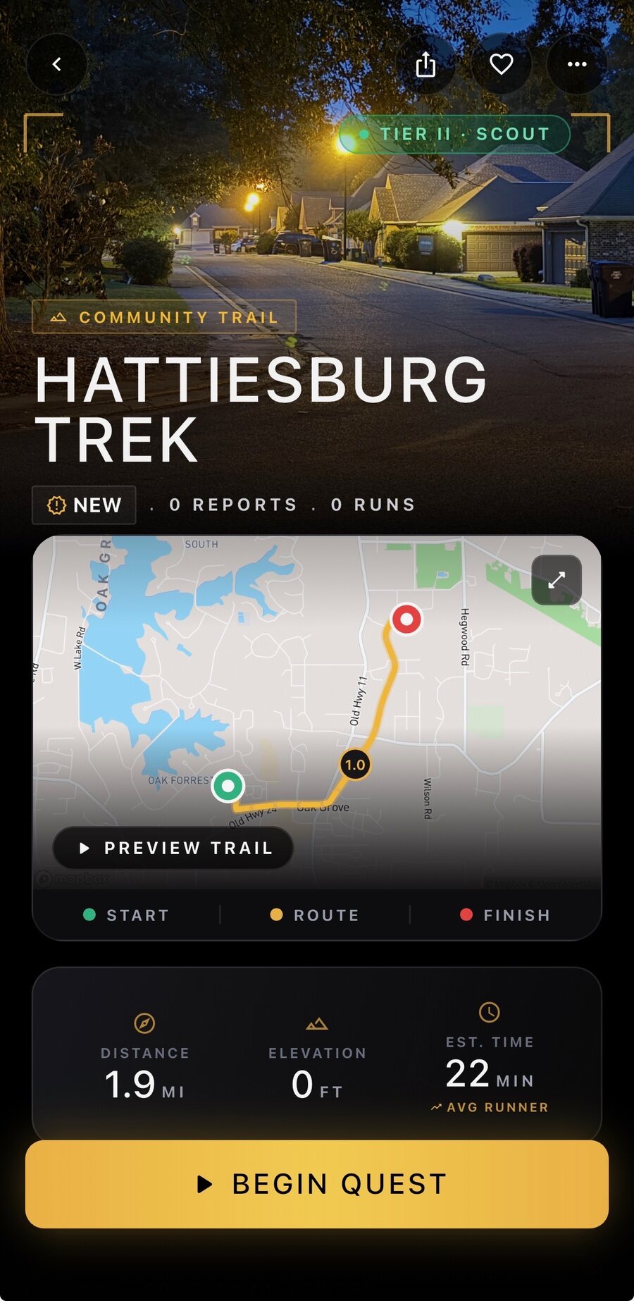 Pyre Fitness trail detail for the Hattiesburg Trek showing a route map, distance, elevation and estimated time.
