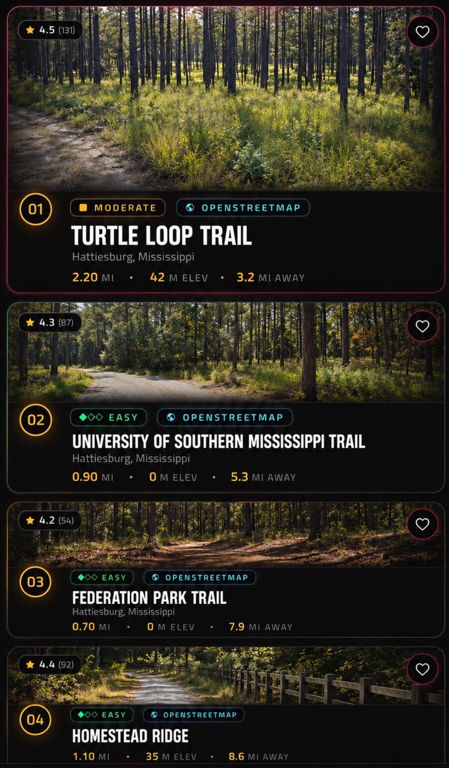 Pyre Fitness trail discovery list with nearby running trails, star ratings, difficulty and distance.