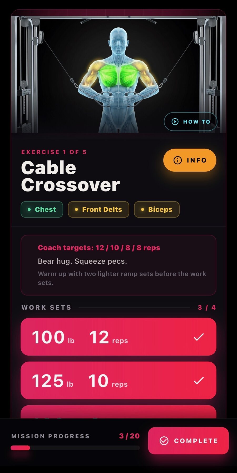 Pyre Fitness active workout screen with logged work sets.